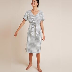 Anthropologie  Pazienza Midi Dress Striped V-Neck with Tie Waist White Black